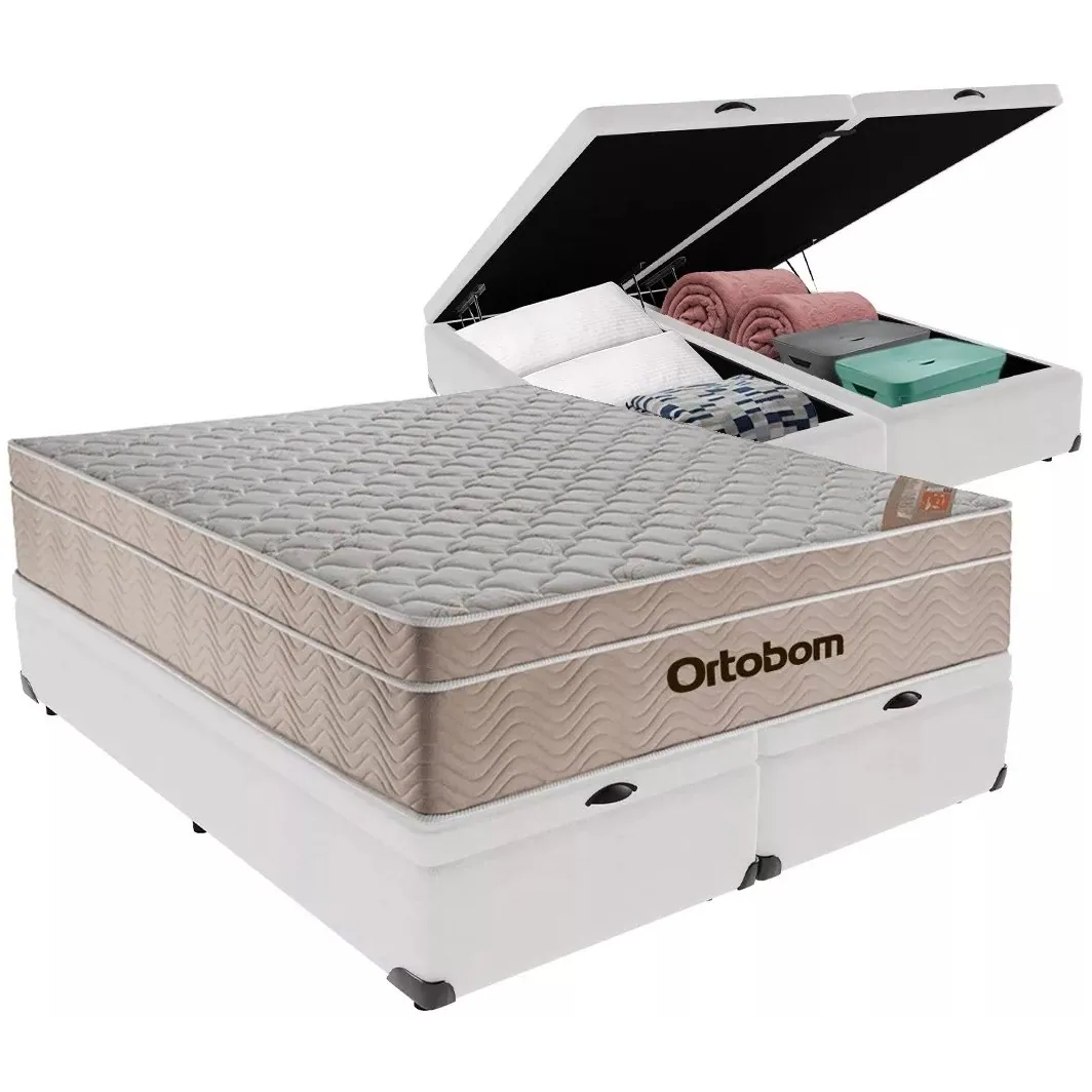 Colchão Queen Airtech Springpocket 25 cm D26 Molas Ensacadas + Base Baú Corino Branco – ORTOBOM + ALTO NÍVEL