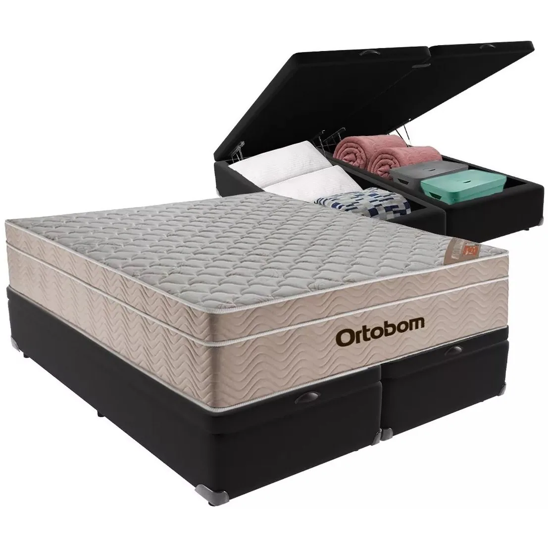 Colchão Queen Airtech Springpocket 25 cm D26 Molas Ensacadas + Base Baú Corino Preto – ORTOBOM + BIOSTAR