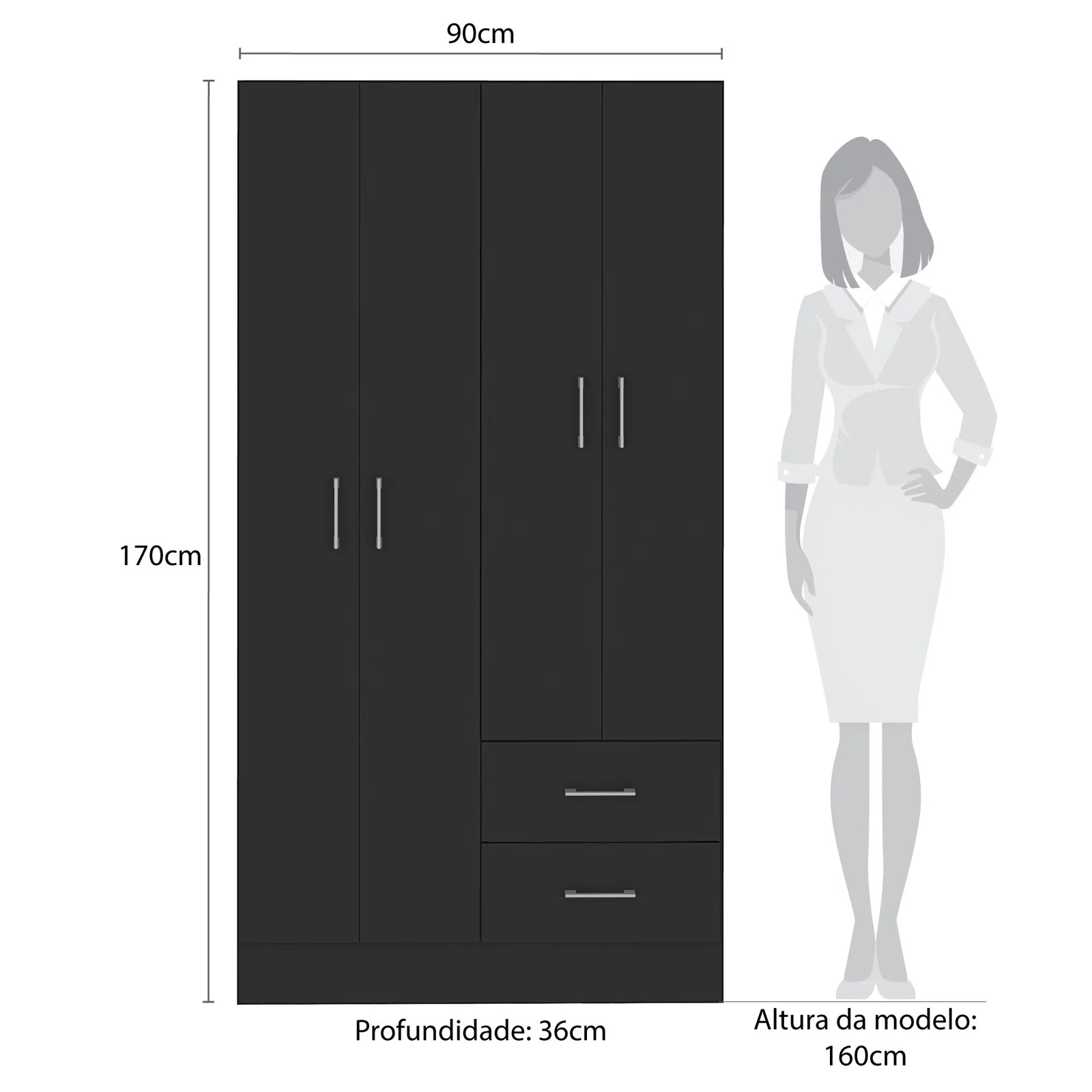 Guarda-Roupa 4 Portas Panamá 4002 0,90 m Preto – FELLICCI