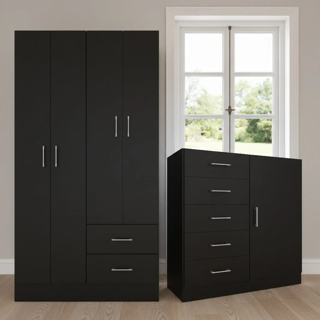 Guarda-Roupa 4 Portas Panamá 4002 + Cômoda 5 Gavetas Sapateira Miami Preto – FELLICCI