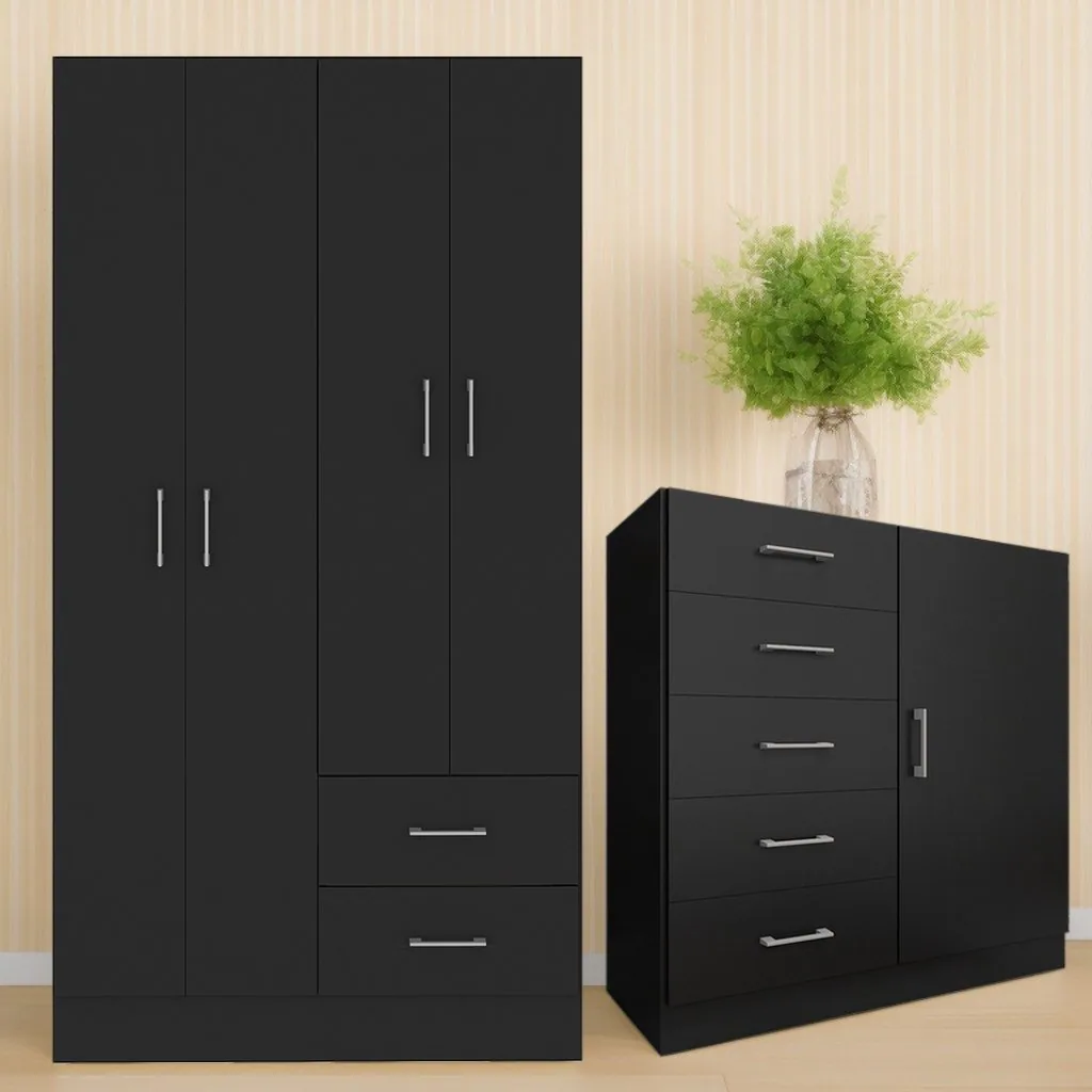 Guarda-Roupa 4 Portas Panamá 4002 + Cômoda 5 Gavetas Sapateira Miami Preto – FELLICCI