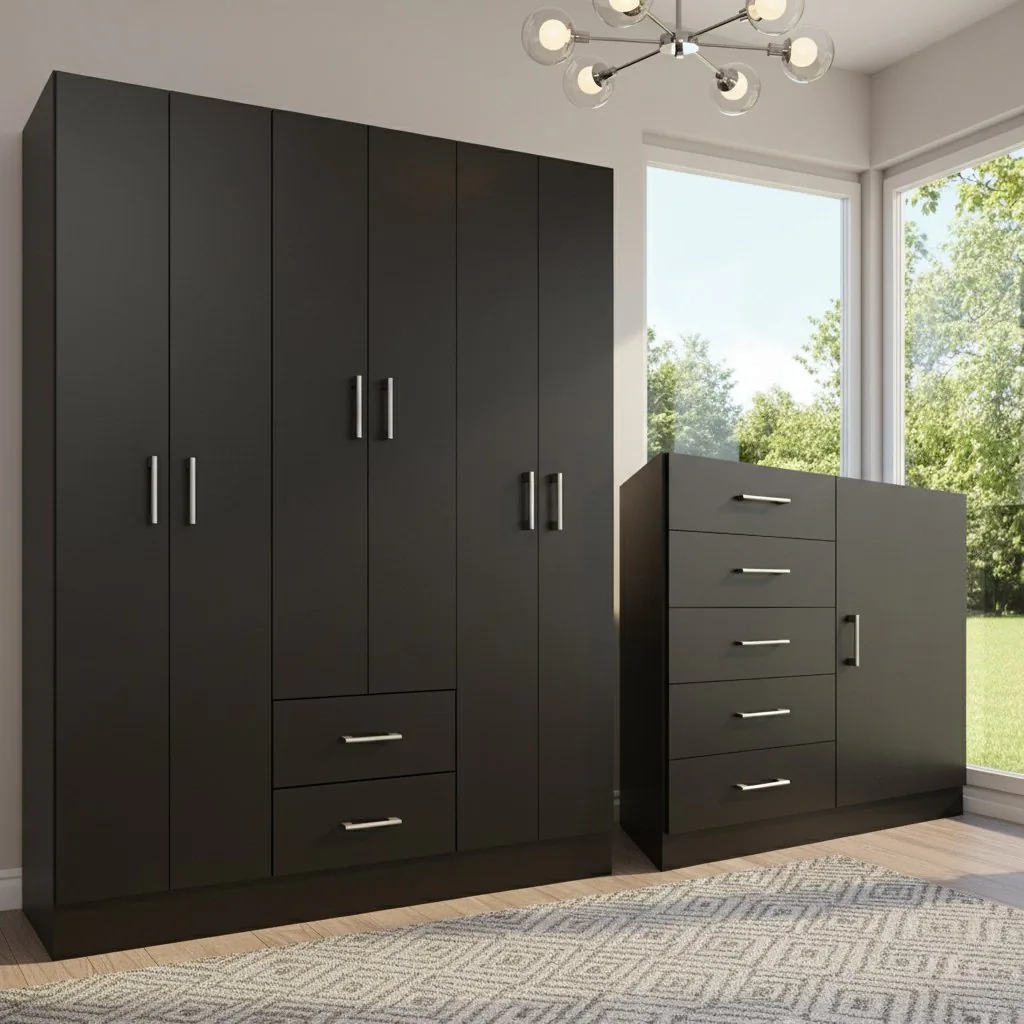 Guarda-Roupa 6 Portas Jamaica 6002 + Cômoda 5 Gavetas Sapateira Miami Preto – FELLICCI