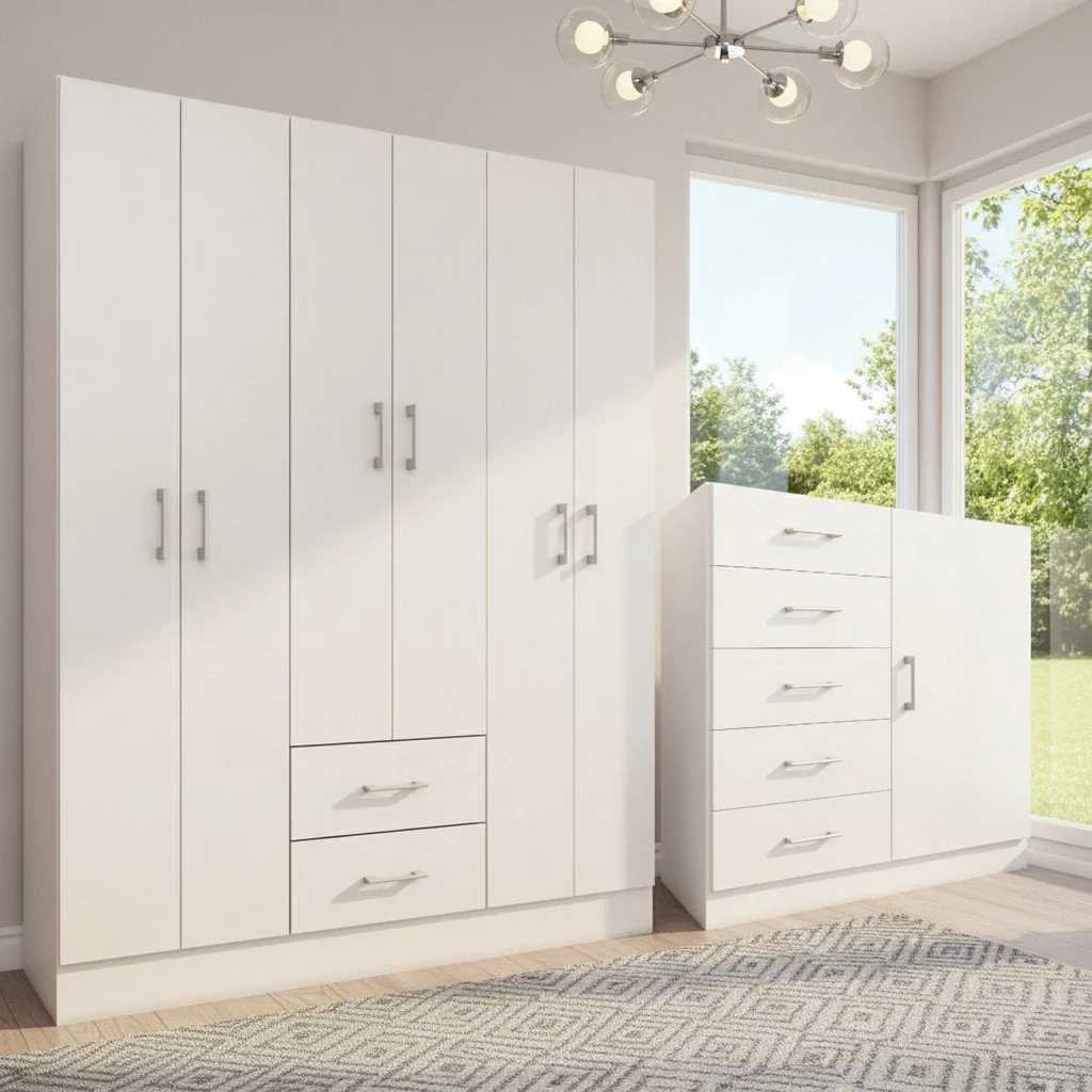 Guarda-Roupa 6 Portas Jamaica 6002 + Cômoda 5 Gavetas Sapateira Miami Branco – FELLICCI