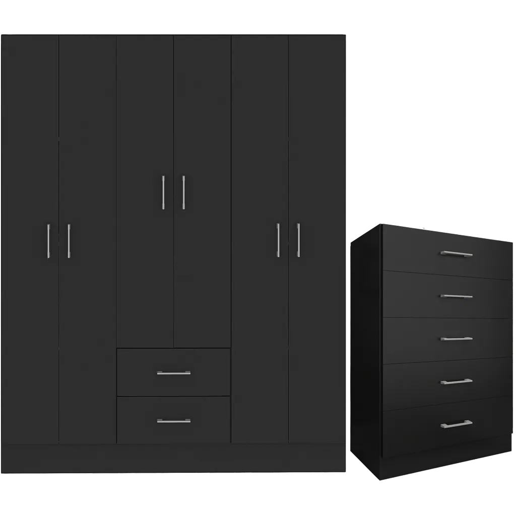 Guarda-Roupa 6 Portas Jamaica 6002 + Cômoda 5 Gavetas Aruba Preto – FELLICCI