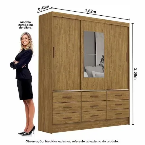 Guarda-Roupa 3 Portas Sevilha (Com espelho) 1,62 m Cinamono – CARIOCA MÓVEIS