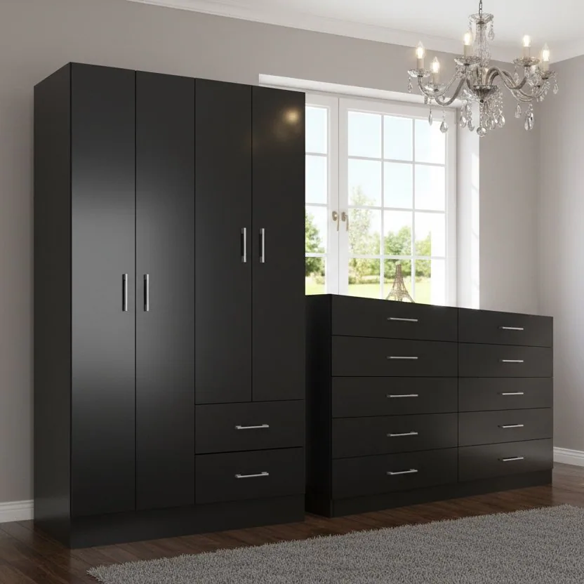 Guarda-Roupa 4 Portas Panamá 4002 + Cômoda 10 Gavetas Caribe Preto – FELLICCI