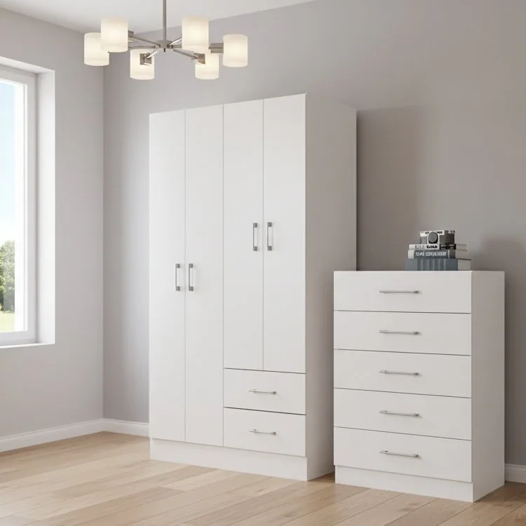 Guarda-Roupa 4 Portas Panamá 4002 + Cômoda 5 Gavetas Aruba Branco – FELLICCI