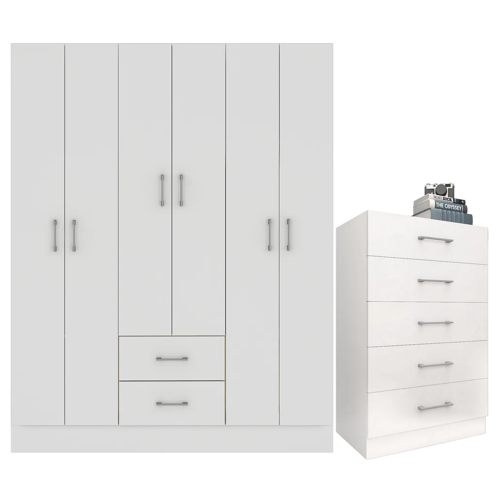 Guarda-Roupa 6 Portas Jamaica 6002 + Cômoda 5 Gavetas Aruba Branco – FELLICCI