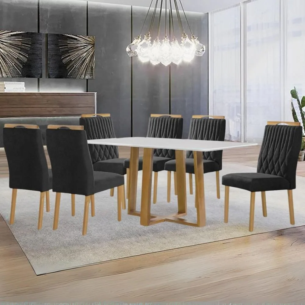 Mesa Pedro 160 Mel/Off White com 6 Cadeiras Gênova Veludo Preto – ART ASSENTOS