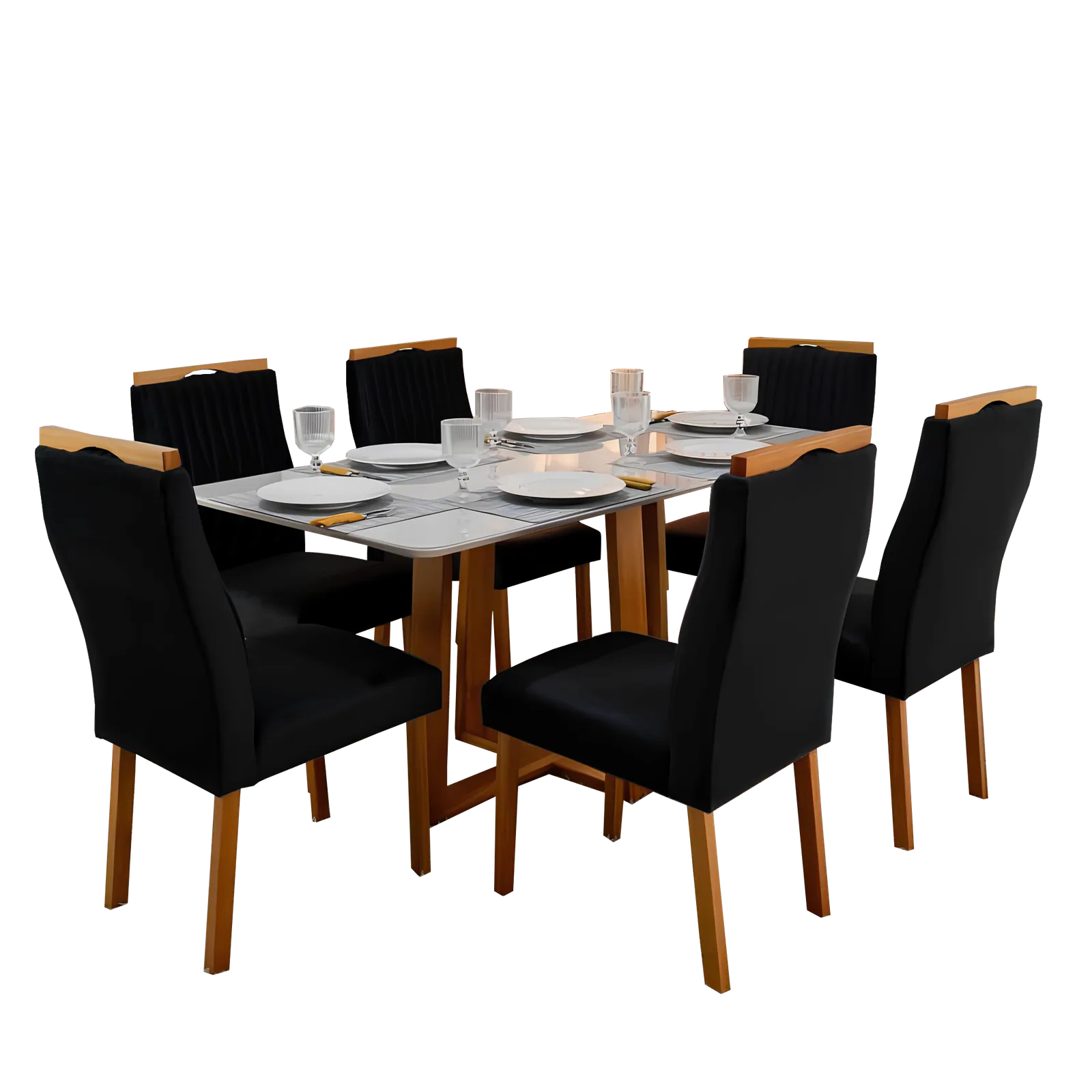 Mesa Pedro 160 Mel/Off White com 6 Cadeiras Gênova Veludo Preto – ART ASSENTOS