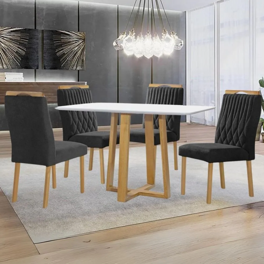 Mesa Pedro 120 Mel/Off White com 4 Cadeiras Gênova Veludo Preto – ART ASSENTOS