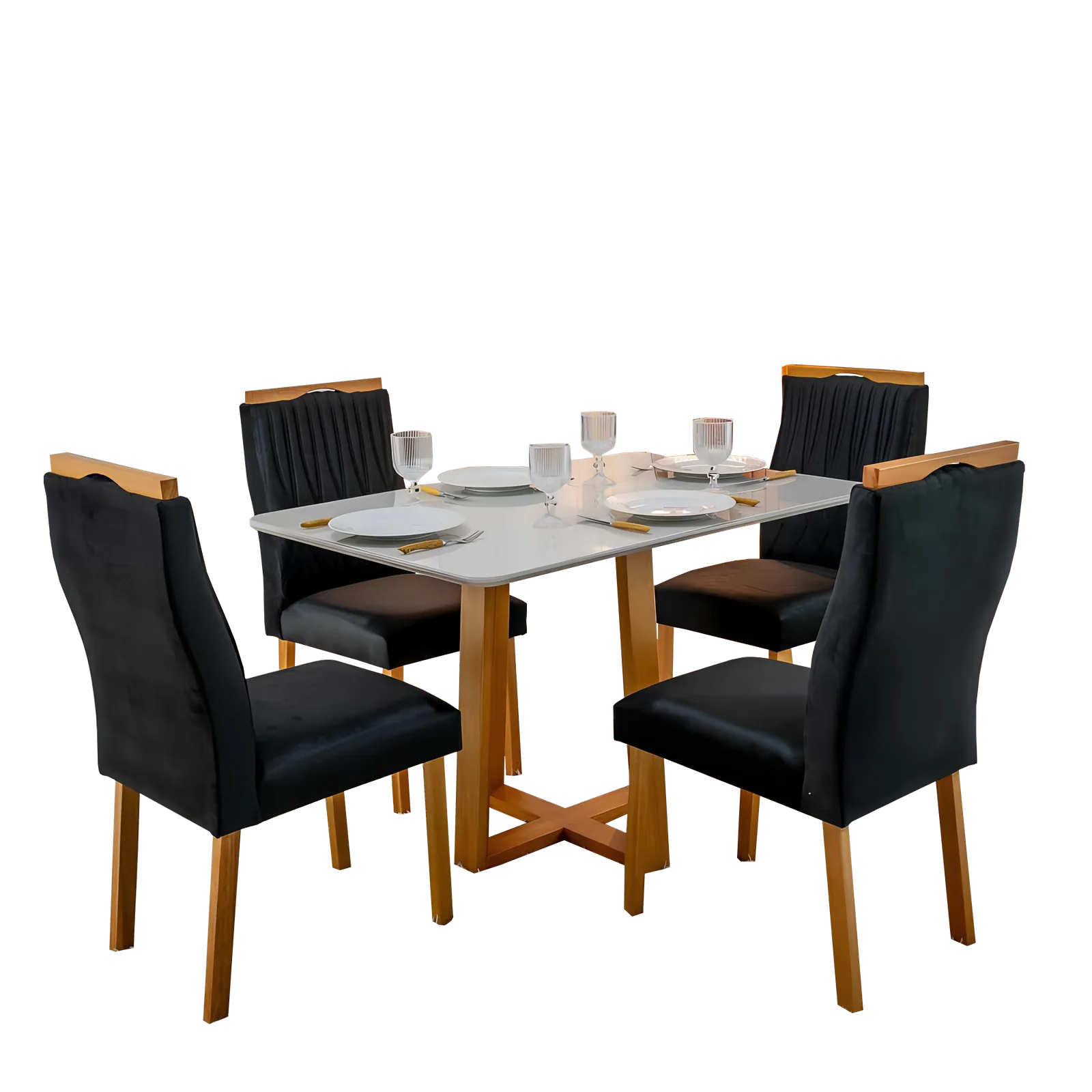 Mesa Pedro 120 Mel/Off White com 4 Cadeiras Gênova Veludo Preto – ART ASSENTOS