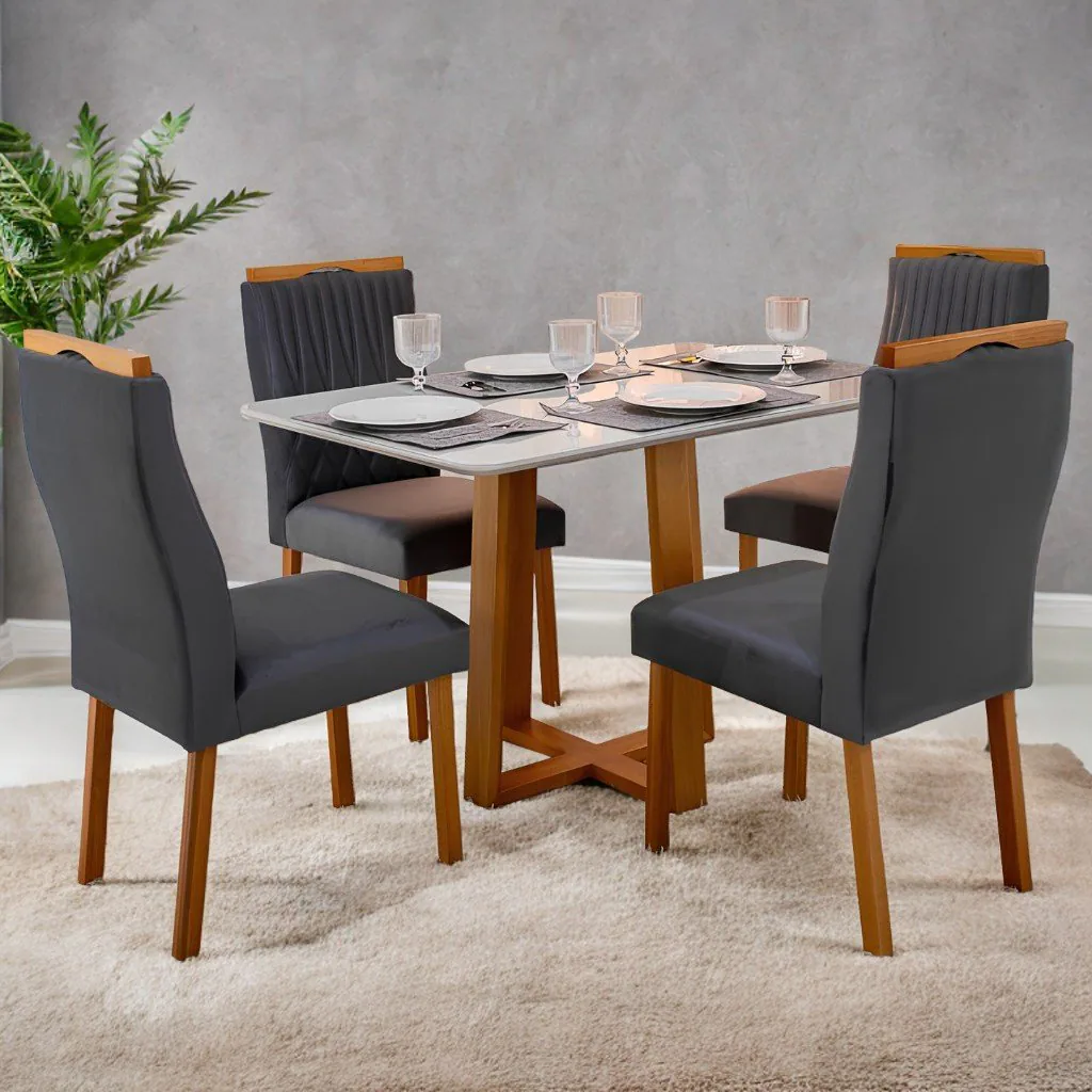 Mesa Pedro 120 Mel/Off White com 4 Cadeiras Gênova Veludo Grafite – ART ASSENTOS