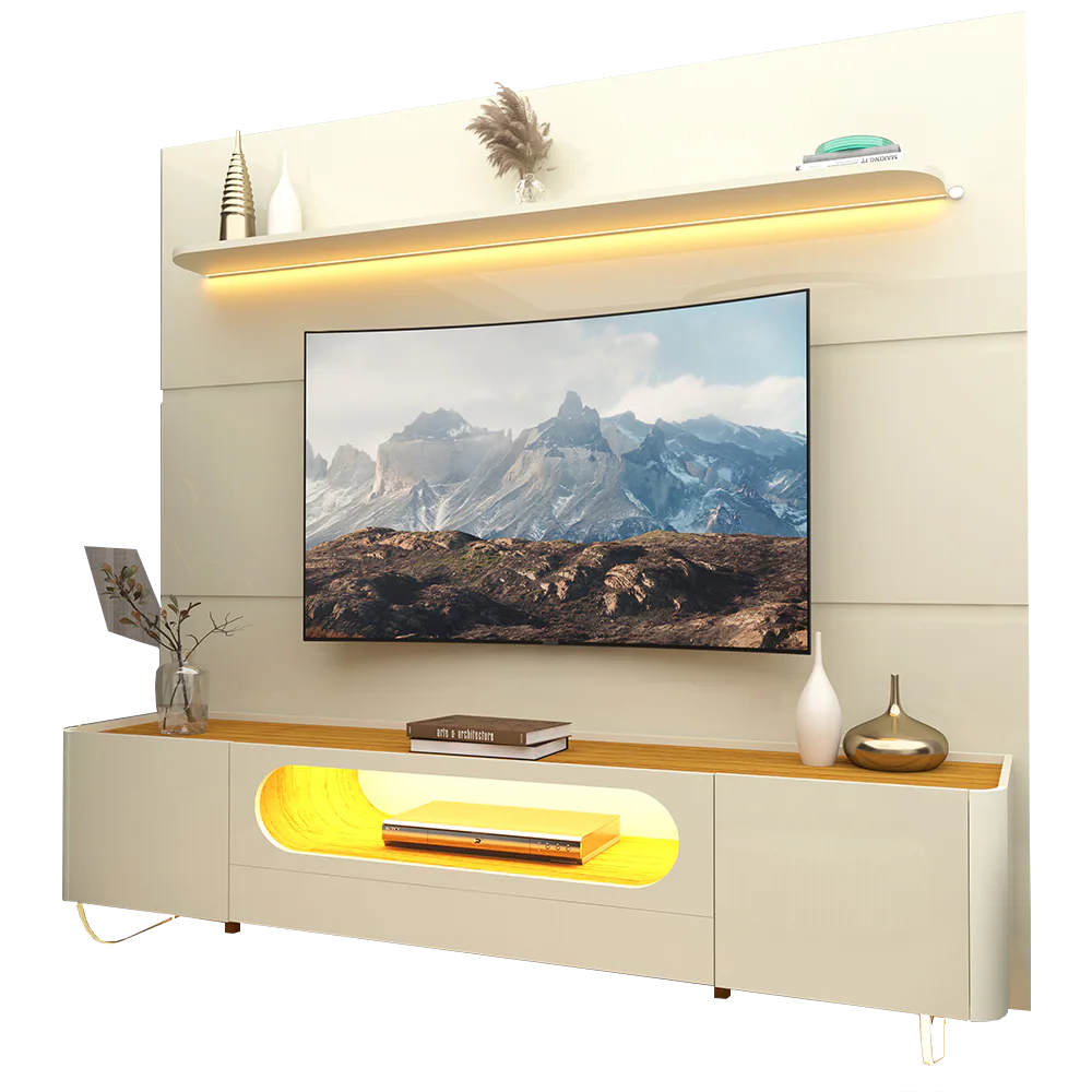 Painel até 85″ Royal 220 Off White + Rack Nobre 210 (Pés de Vidro) Off White/Naturale – GELIUS