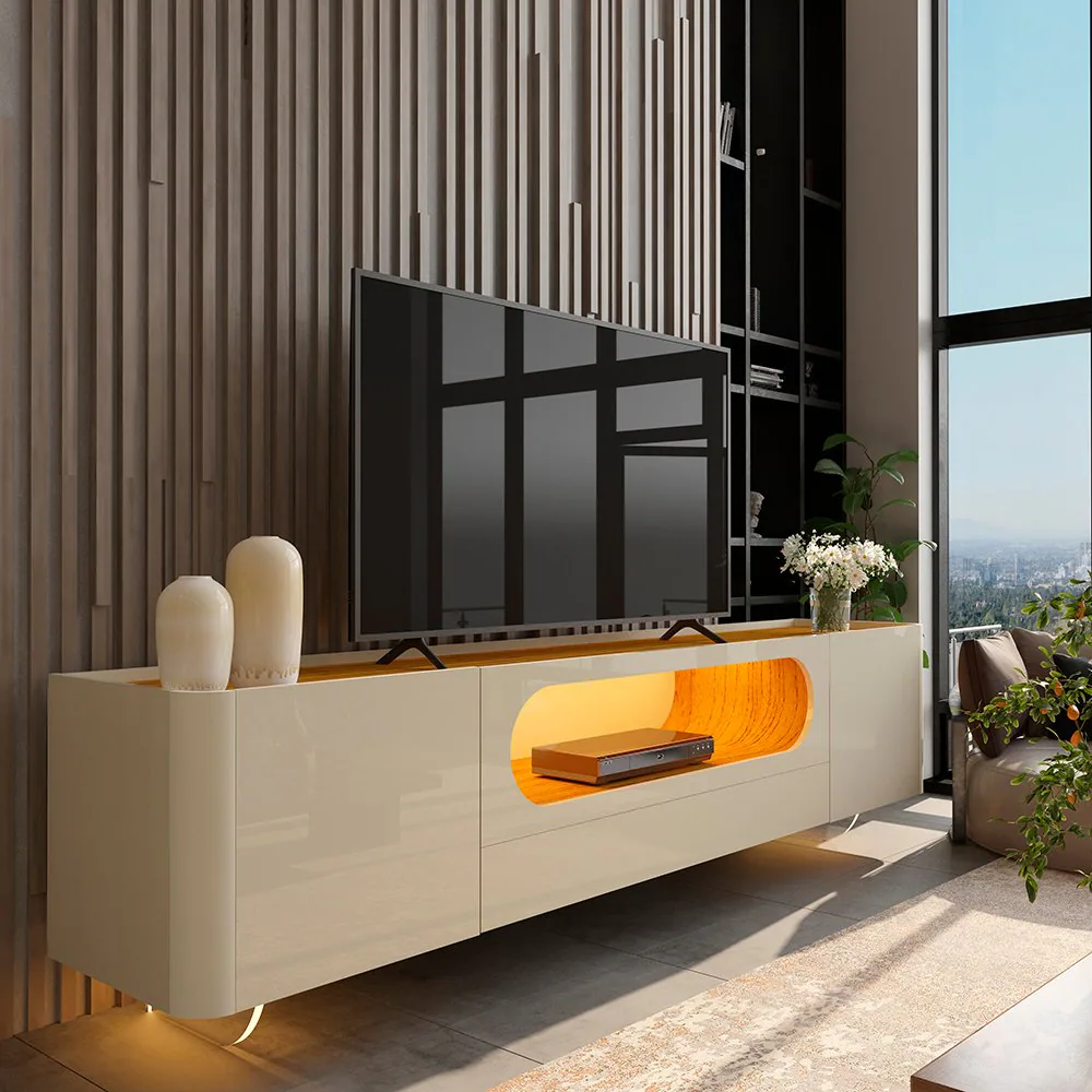 Rack até 85″ Nobre 210 (Pés de Vidro) Off White/Naturale – GELIUS