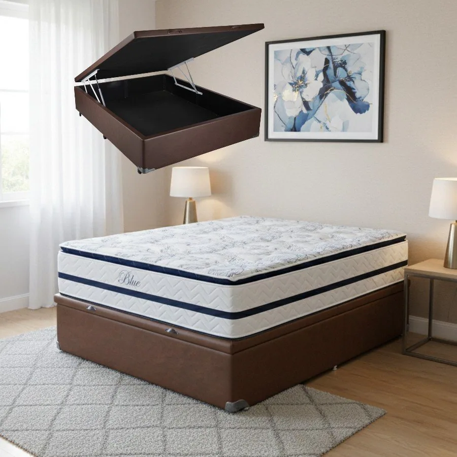 Colchão Casal Blue 32 cm H33 Molas Ensacadas + Base Baú Corino Marrom – PAROPAS + BIOSTAR