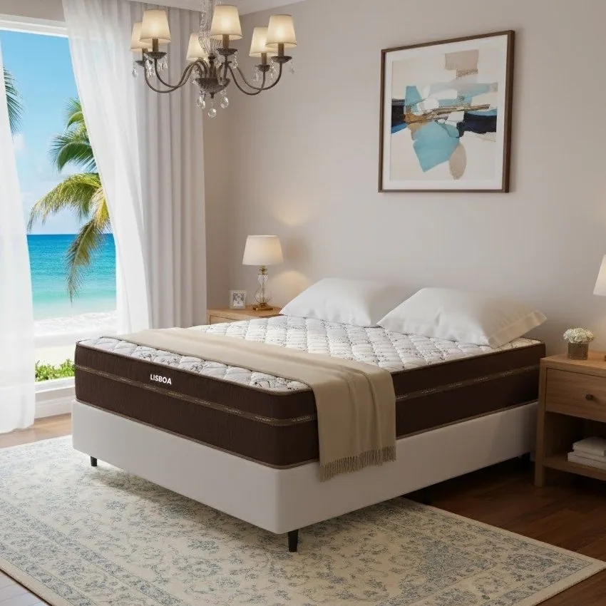Colchão Casal Lisboa 24 cm D28 Molas Ensacadas + Base Simples Corino Branco – ECOTEC + ALTO NÍVEL