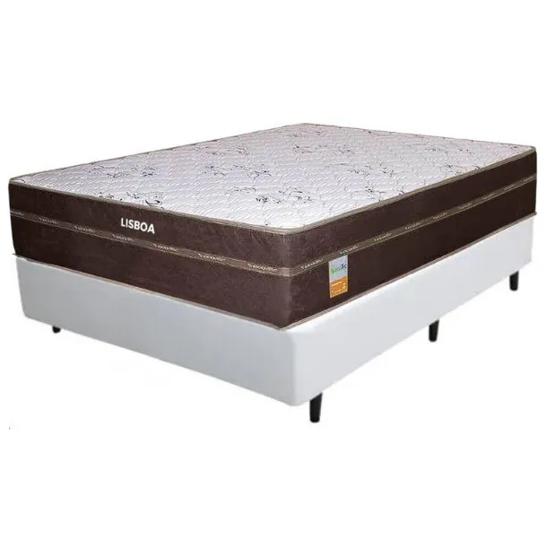 Colchão Casal Lisboa 24 cm D28 Molas Ensacadas + Base Simples Corino Branco – ECOTEC + ALTO NÍVEL