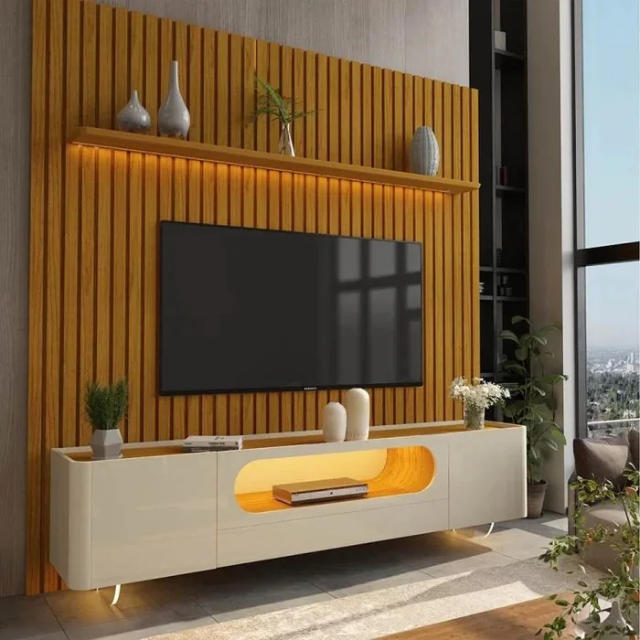 Painel Nobre 230 Naturale + Rack Nobre 210 (Pés de Vidro) Off White/Naturale – GELIUS