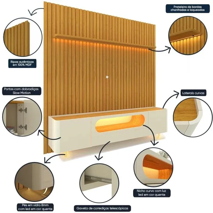 Painel Nobre 230 Naturale + Rack Nobre 210 (Pés de Vidro) Off White/Naturale – GELIUS