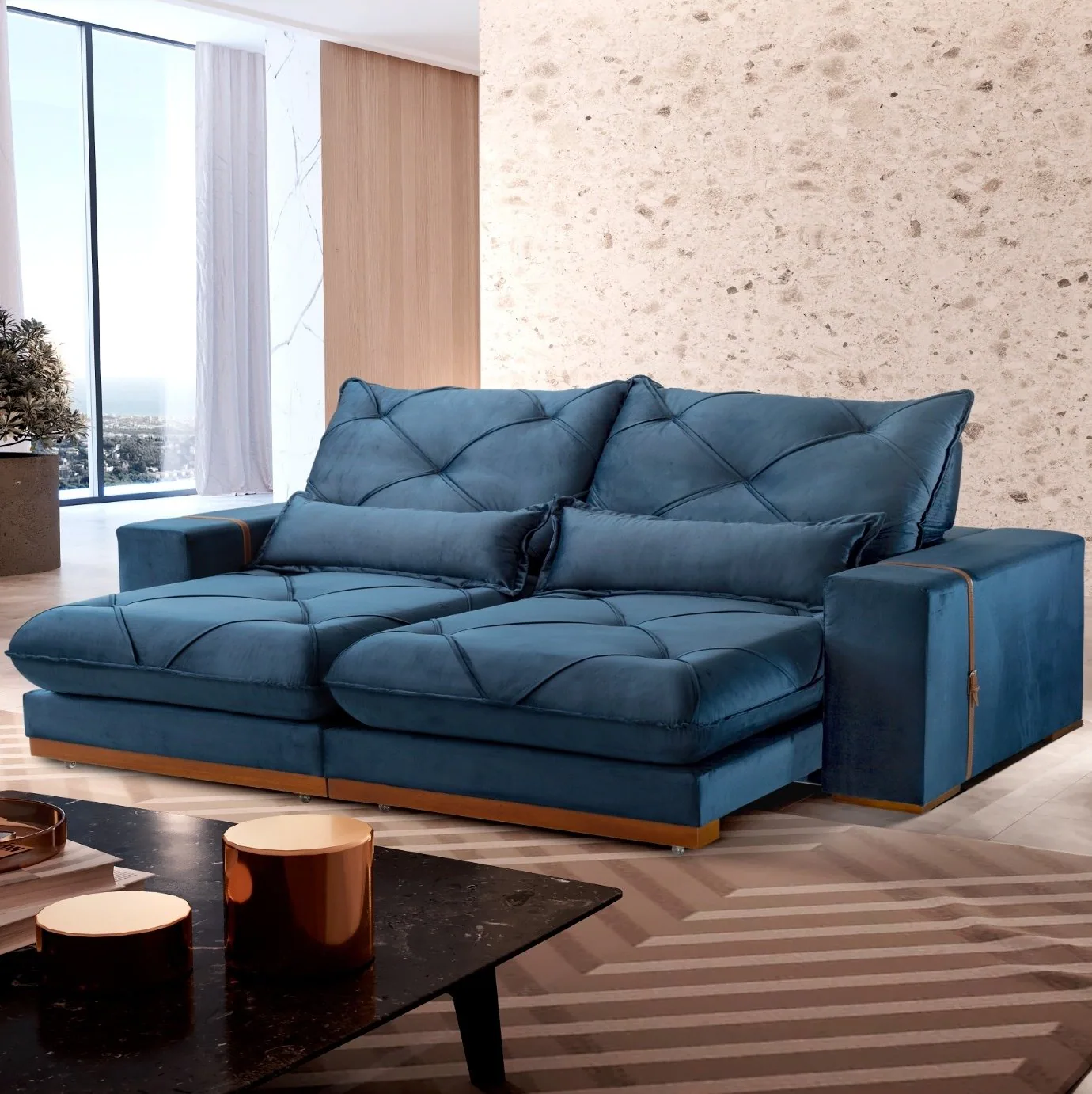 Sofá Retrátil e Reclinável Luanda/Isabella 2,50 m Veludo Azul – TREVO ESTOFADOS