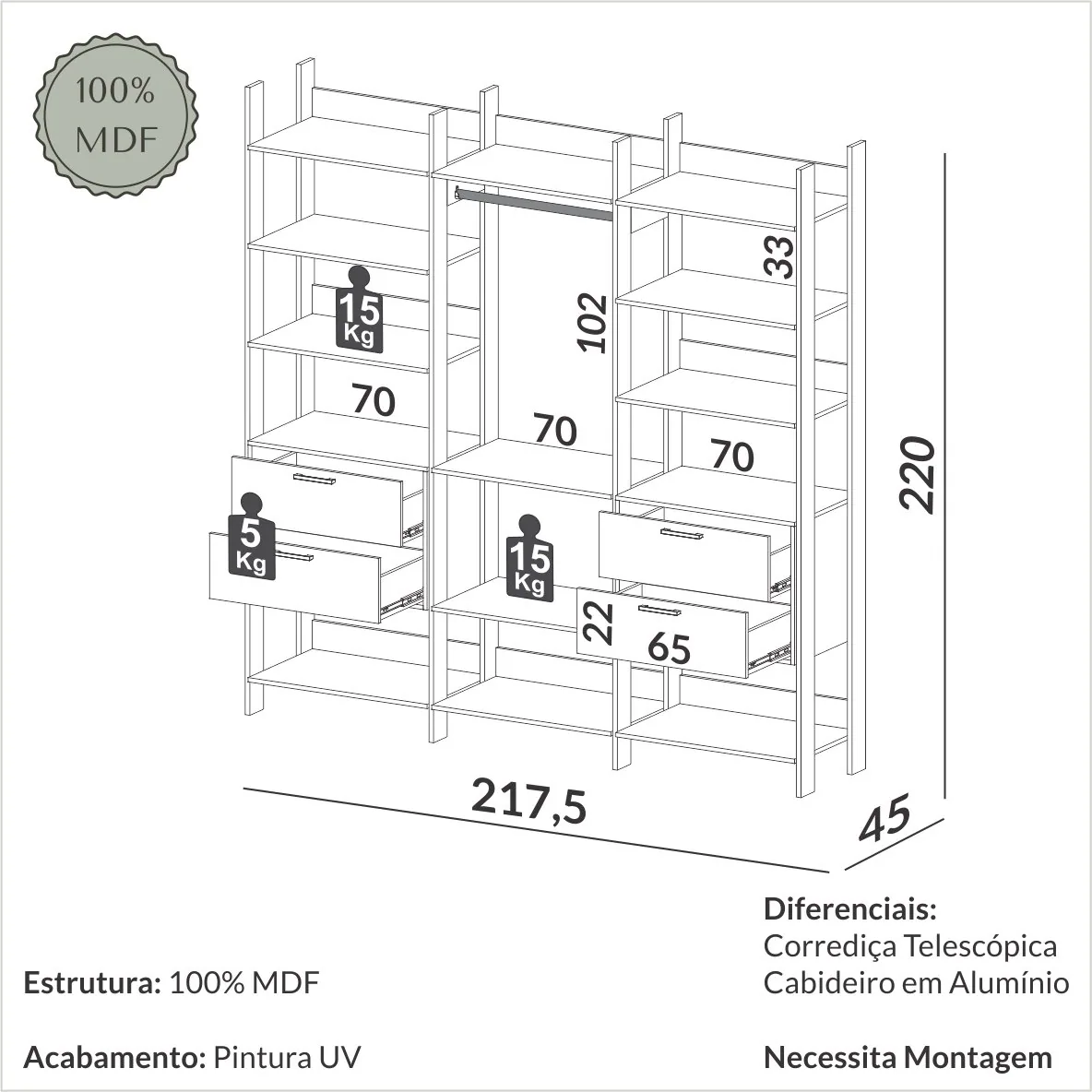 Closet 3 Torres TW404 2,175 m Off White/Freijó – DALLA COSTA