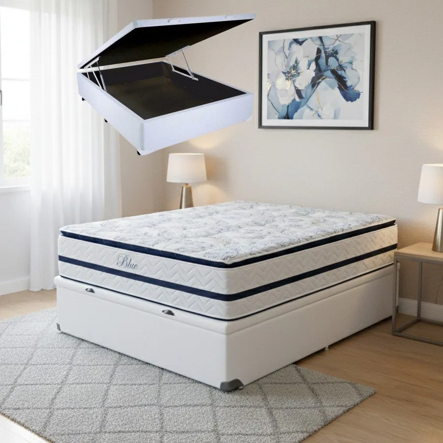 Colchão Casal Blue 32 cm H33 Molas Ensacadas + Base Baú Corino Branco – PAROPAS + BIOSTAR