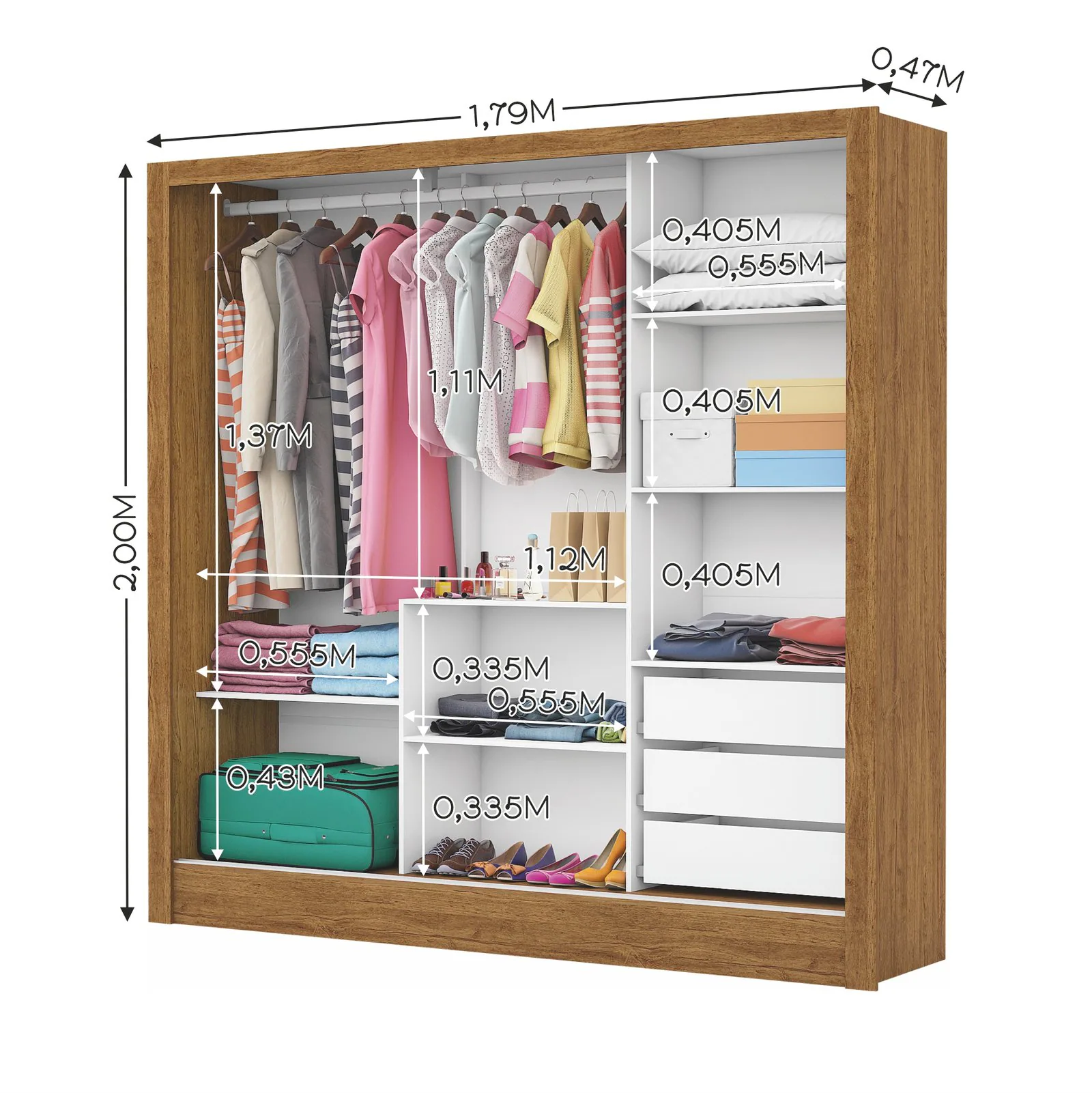 Guarda-Roupa 3 Portas Dubai/Santiago Plus (1 porta espelhada) 1,79 m Cinamomo/Branco – CARIOCA MÓVEIS