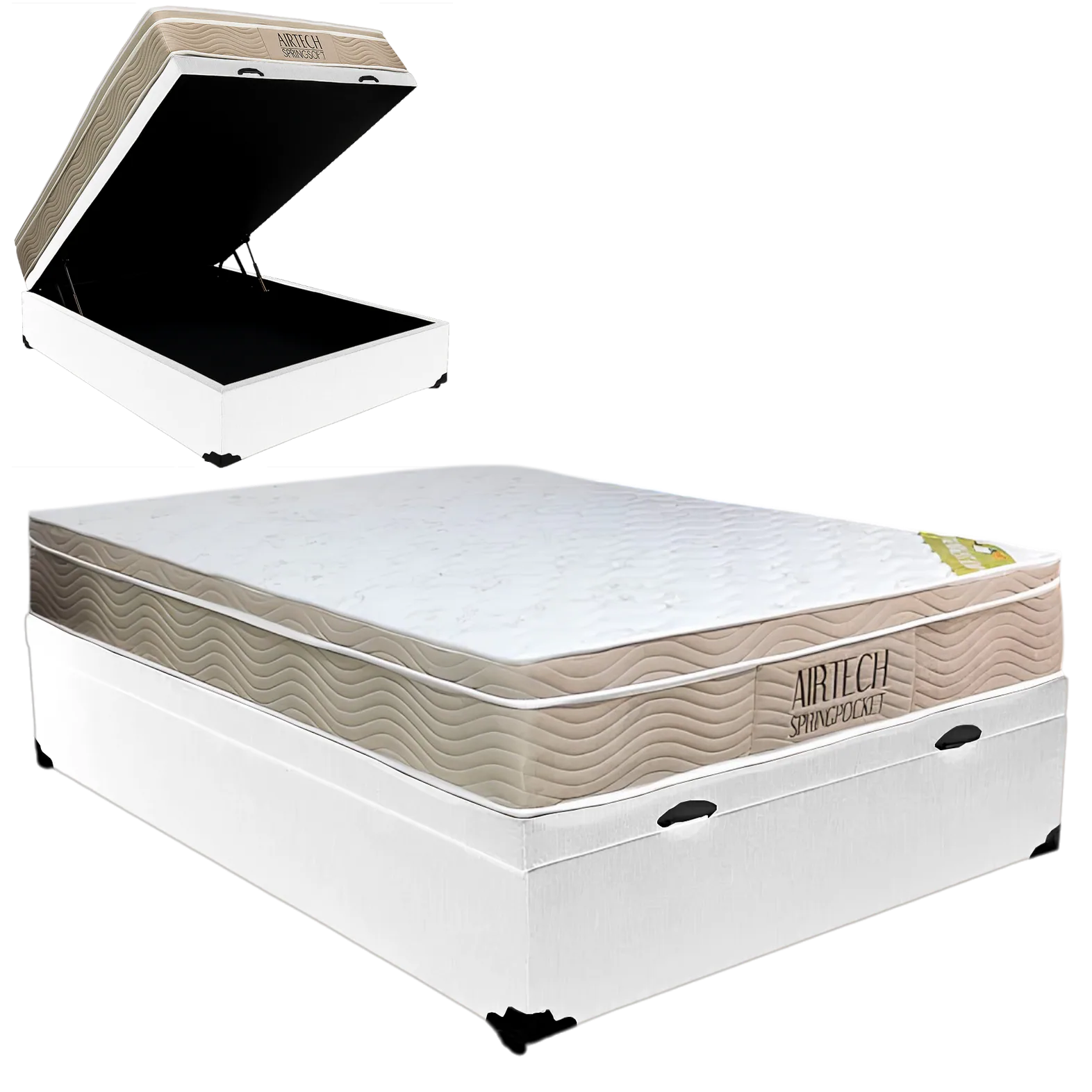 Colchão Casal Airtech Springpocket 25 cm D26 Molas Ensacadas + Base Baú Corino Branco – ORTOBOM + ALTO NÍVEL