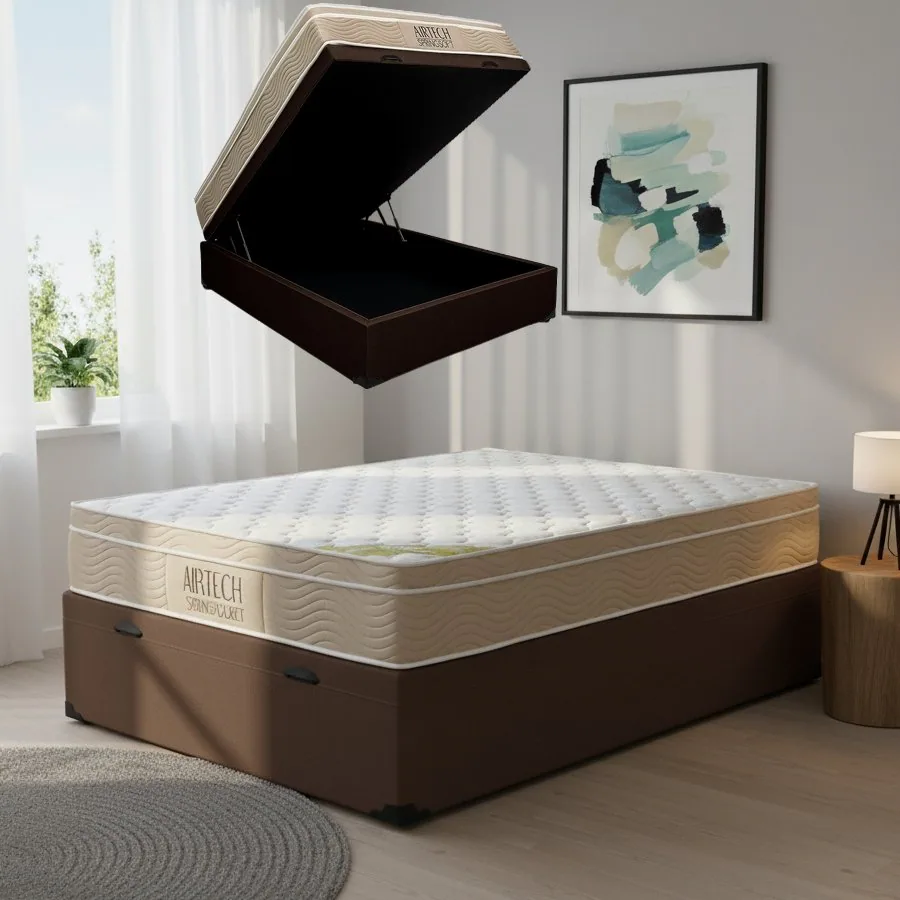 Colchão Casal Airtech Springpocket 25 cm D26 Molas Ensacadas + Base Baú Corino Marrom – ORTOBOM + ALTO NÍVEL