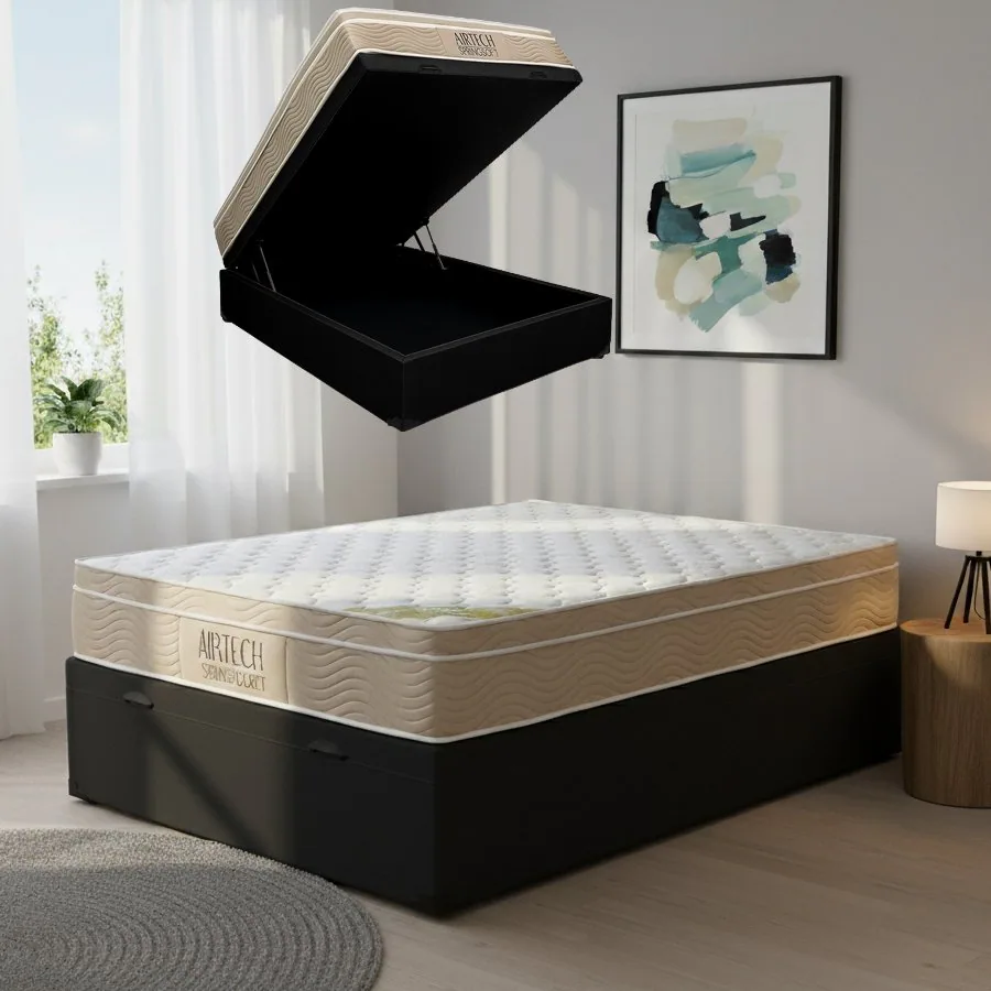 Colchão Casal Airtech Springpocket 25 cm D26 Molas Ensacadas + Base Baú Corino Preto – ORTOBOM + ALTO NÍVEL