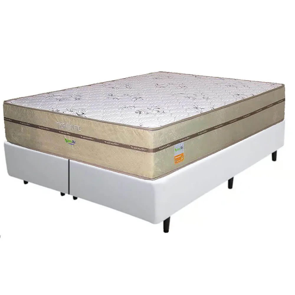 Colchão Queen Toronto 30 cm D28 Molas Ensacadas + Base Simples Corino Branco – ECOTEC + ALTO NÍVEL