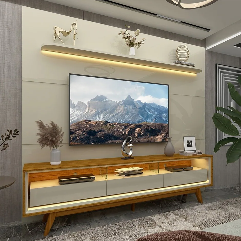 Painel até 85″ Royal 220 Off White + Rack Requinte 212 Naturale/Off White – GELIUS