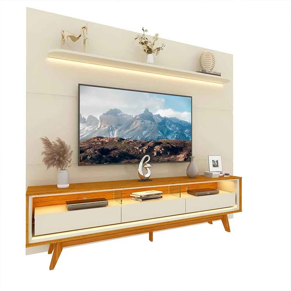 Painel até 85″ Royal 220 Off White + Rack Requinte 212 Naturale/Off White – GELIUS