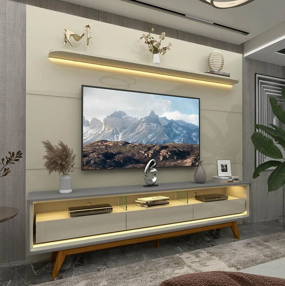 Painel até 85″ Royal 220 Off White + Rack Requinte 212 Cinza/Off White – GELIUS