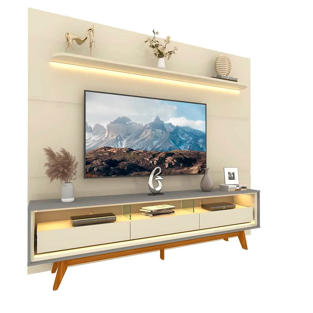 Painel até 85″ Royal 220 Off White + Rack Requinte 212 Cinza/Off White – GELIUS