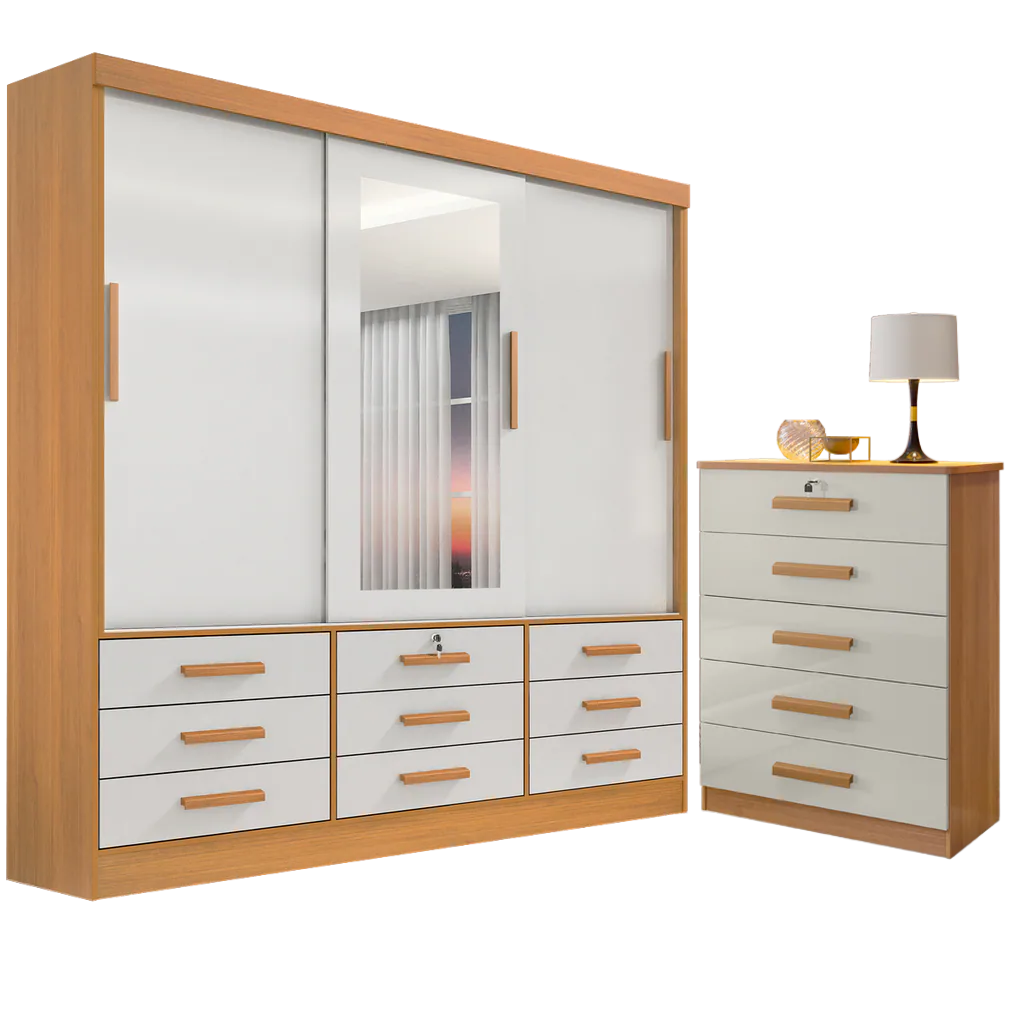 Guarda-Roupa 3 Portas Meridian + Cômoda Ipanema Cinamomo/Off White – D’DORO MÓVEIS