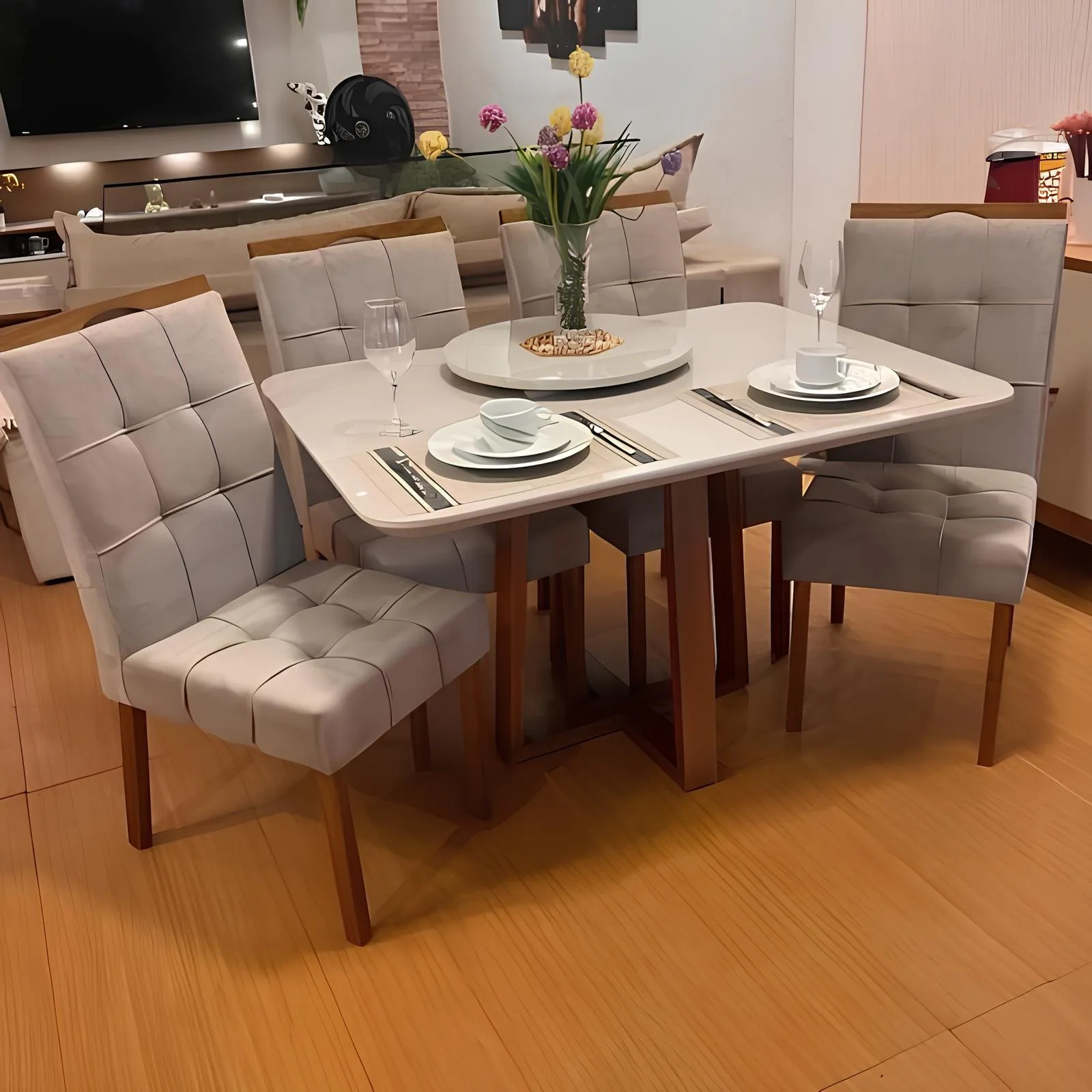 Mesa Pedro 90 Mel/Off White com 4 Cadeiras Sophia Veludo Bege – ART ASSENTOS + WM DECOR