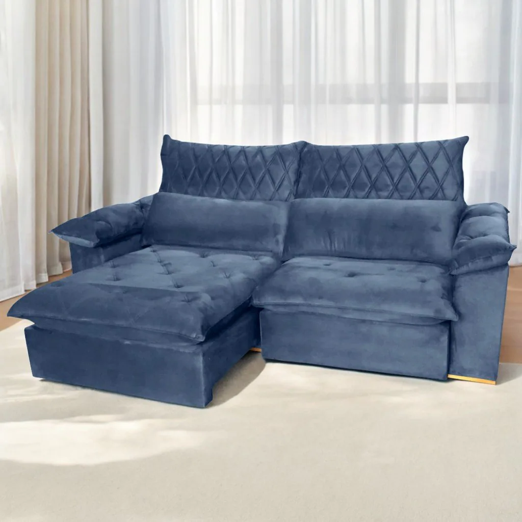 Sofá Retrátil e Reclinável Arezzo 2,50 m Veludo Azul – ARJAN DECOR