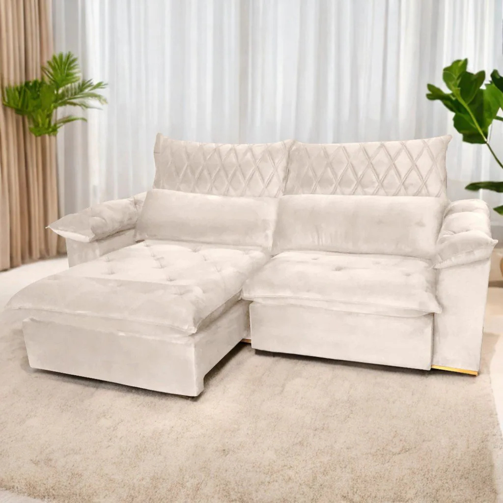 Sofá Retrátil e Reclinável Arezzo 2,50 m Veludo Marfim – ARJAN DECOR