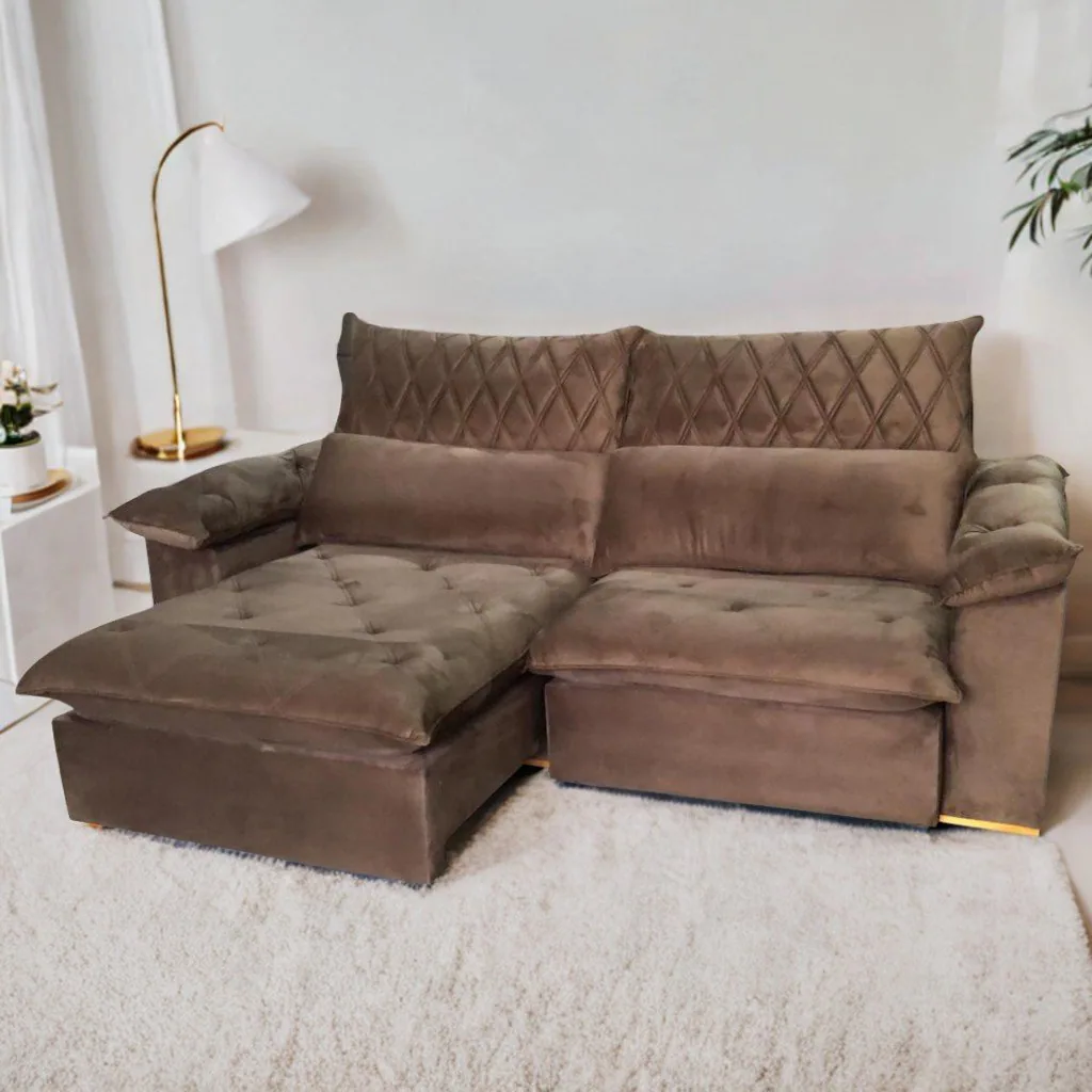 Sofá Retrátil e Reclinável Arezzo 2,50 m Veludo Marrom – ARJAN DECOR