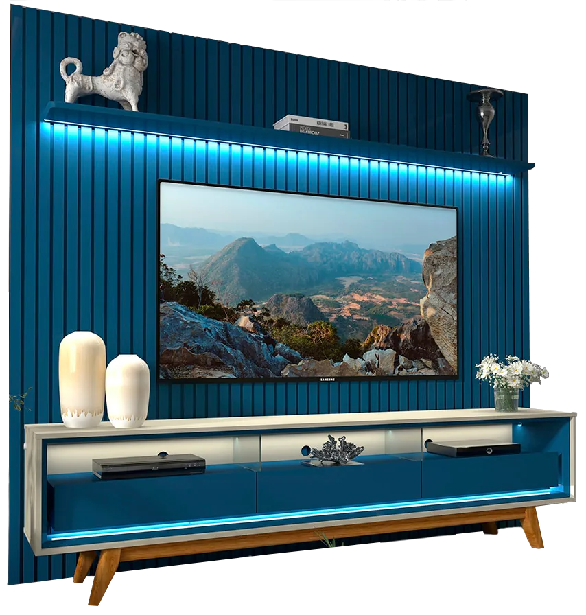 Painel até 85″ Nobre 230 Azul + Rack Requinte 212 Off White/Azul – GELIUS