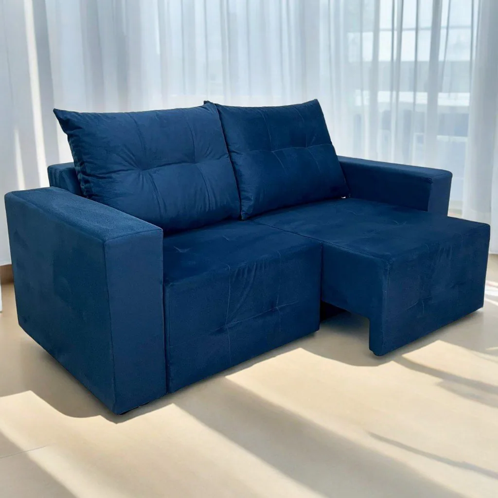 Sofá Retrátil Havaí 1,80 m Veludinho Azul – QUINE ESTOFADOS