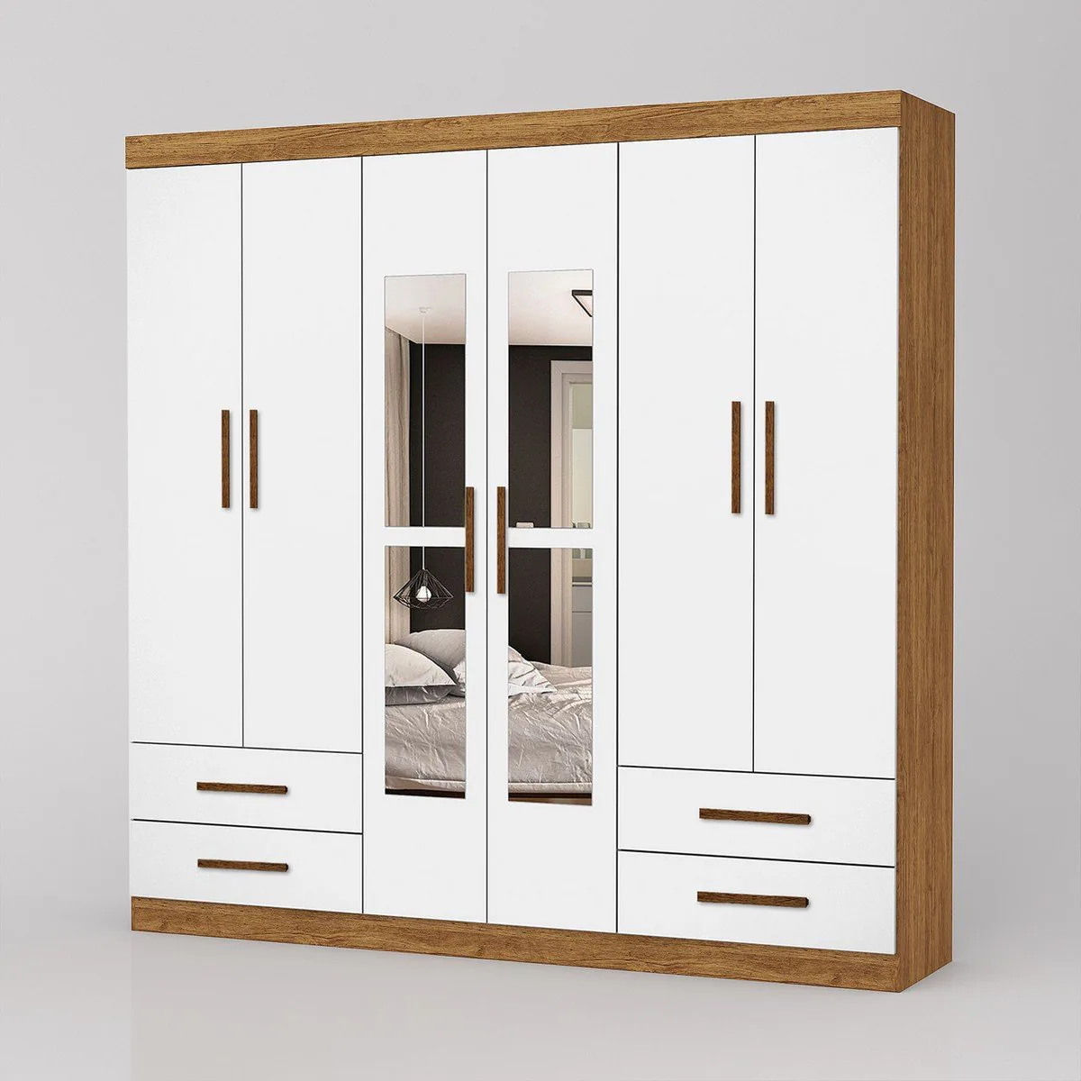 Guarda-Roupa 6 Portas Hércules(Com espelho) 1,77 m Cinamomo/Branco – CARIOCA MÓVEIS