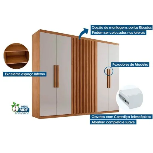 Guarda-Roupa 6 Portas Cairo 1,80 m Naturale/Off White – RUFATO