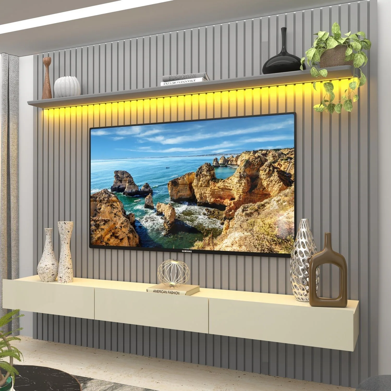 Home até 85″ Nobre Ripado 230(Com Nicho) Cinza/Off White – GELIUS