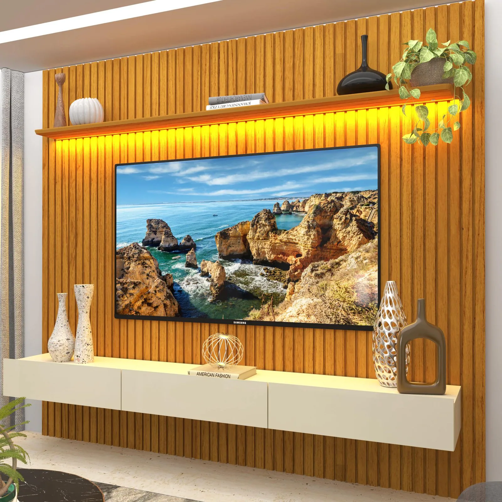 Home até 85″ Nobre Ripado 230(Com Nicho) Naturale/Off White – GELIUS