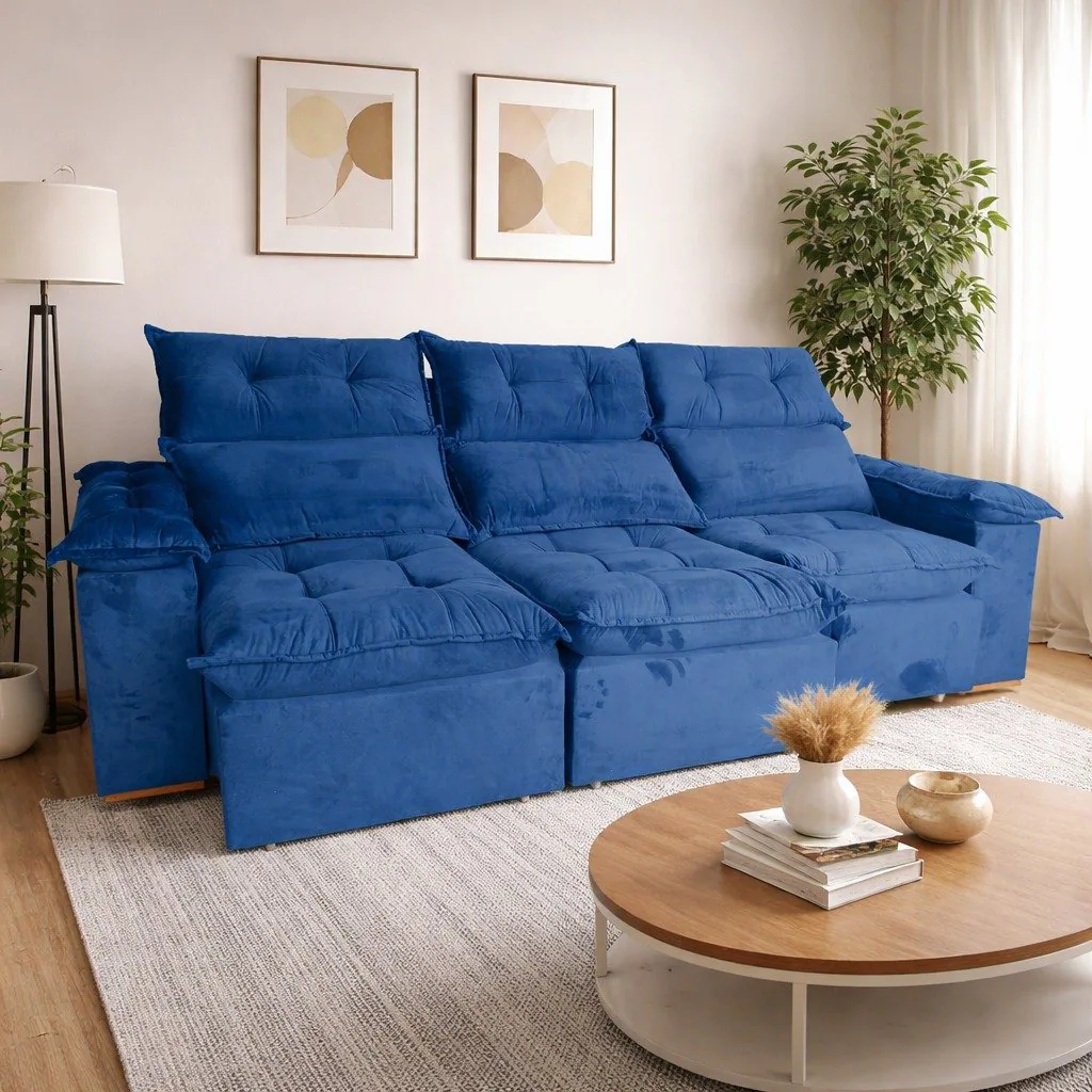 Sofá Retrátil e Reclinável Imperial 2,75 m Veludo Jolie Azul 07 – IMPERIAL DECOR