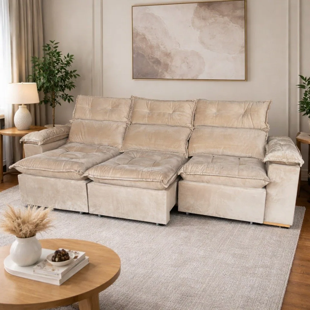 Sofá Retrátil e Reclinável Imperial 2,75 m Veludo Jolie Bege 03 – IMPERIAL DECOR