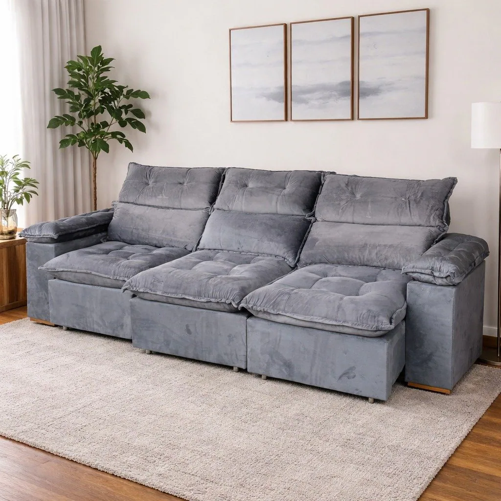 Sofá Retrátil e Reclinável Imperial 2,75 m Veludo Jolie Cinza 08 – IMPERIAL DECOR
